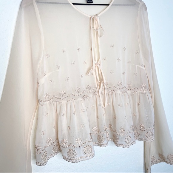 Forever 21 Embroidered Cream Sheer Long Sleeve Top - Picture 2 of 8